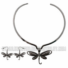 Load image into Gallery viewer, Heavy Metal Jewelry Ladies Dragonfly Pendant V-Cuff Necklace Stainless Steel Matching Earring Set