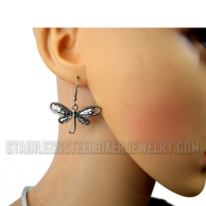 Heavy Metal Jewelry Ladies Dragonfly Pendant V-Cuff Necklace Stainless Steel Matching Earring Set