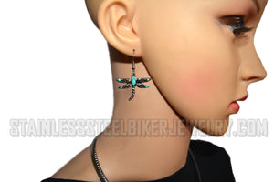 Heavy Metal Jewelry Ladies Dragonfly Pendant Omega Necklace Matching Earrings Set Stainless Steel