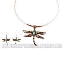Load image into Gallery viewer, Heavy Metal Jewelry Ladies Dragonfly Pendant Omega Necklace Matching Earrings Set Stainless Steel