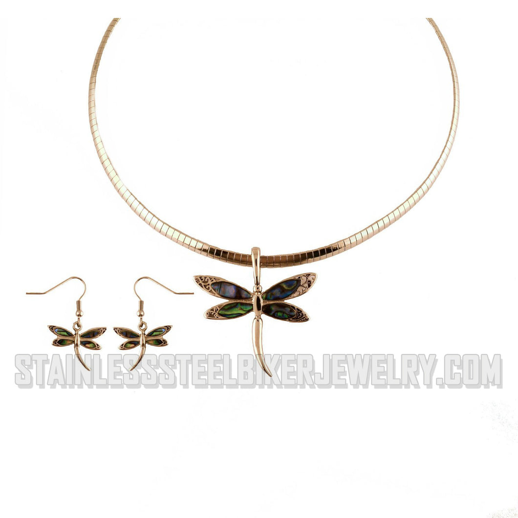 Heavy Metal Jewelry Ladies Dragonfly Pendant Omega Necklace Matching Earrings Set Stainless Steel