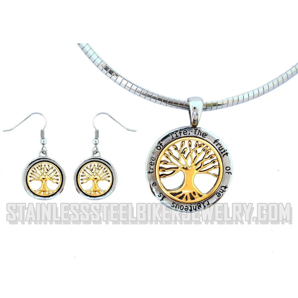 Heavy Metal Jewelry Tree Of Life Pendant With Omega Necklace Stainless Steel Matching Earring Set