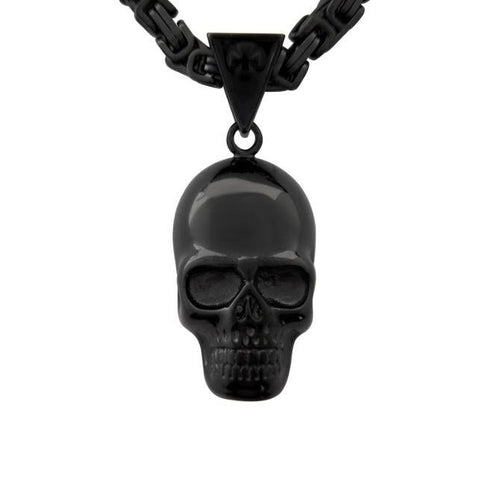Men's Black Stainless Steel Byzantine Necklace and Large Skull
