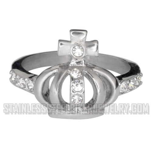 Heavy Metal Jewelry Ladies Diamond Crown and Cross Stainless Steel Ring SR1031