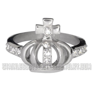 Heavy Metal Jewelry Ladies Diamond Crown and Cross Stainless Steel Ring
