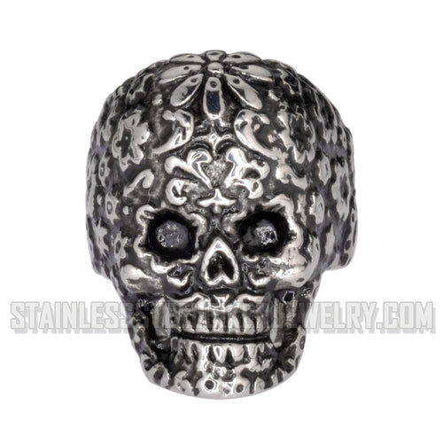 Heavy Metal Jewelry Ladies Flower Skull Ring Stainless Steel