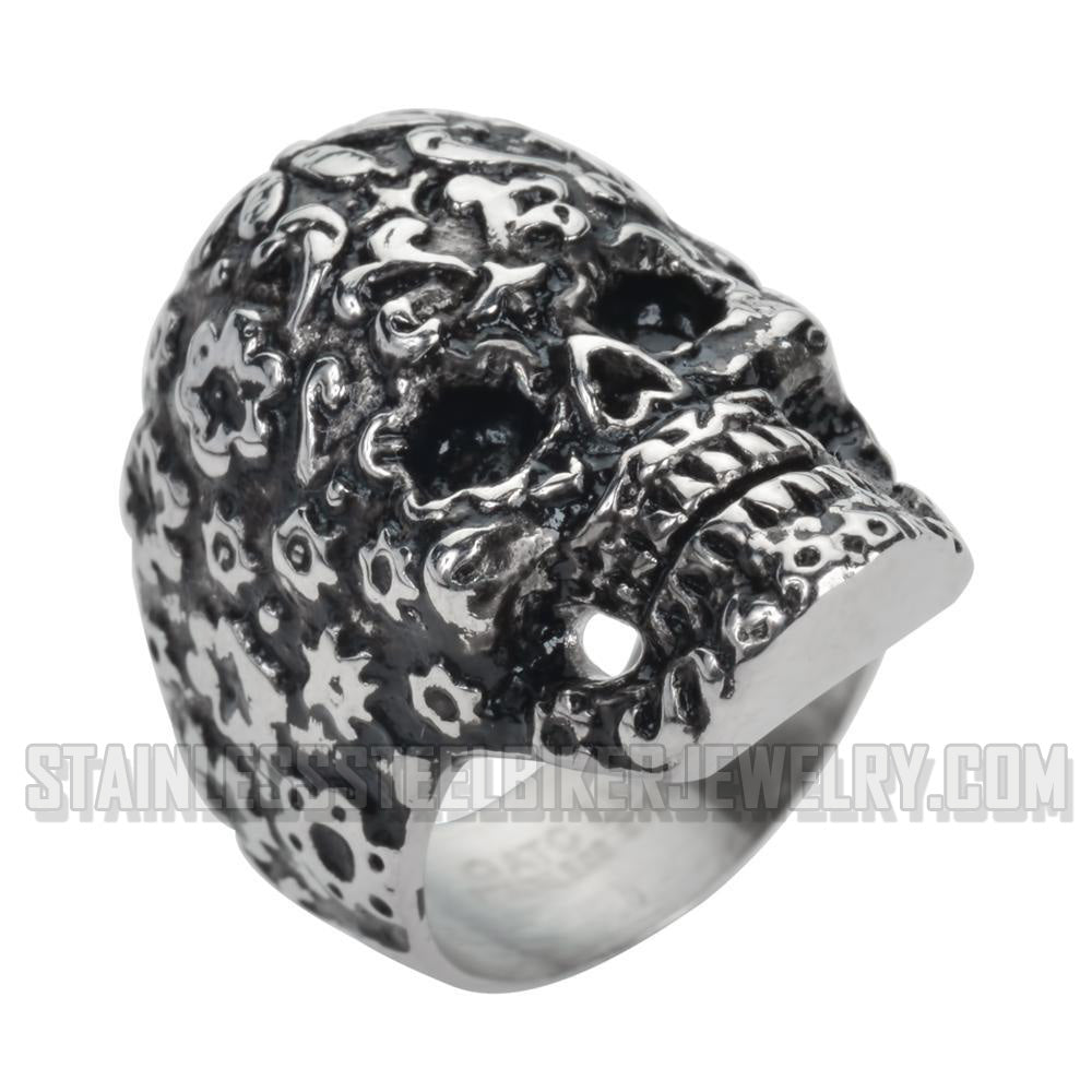Heavy Metal Jewelry Ladies Flower Skull Ring Stainless Steel
