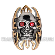 Men's Gold Flames Two Tone Skull Ring Red Eyes Biker Stainless Steel SR229