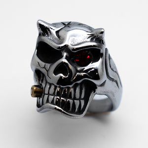 Biker Jewelry's Men's Skull Ring Red Eyes / Horns Bullet Stainless Steel