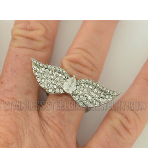 Heavy Metal Jewelry White Crystal Wings Stainless Steel Ring