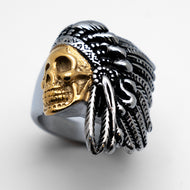 Skull Indian Chief Ring Men's Two Tone Gold Plated Stainless Steel Ring SR112