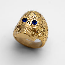 Load image into Gallery viewer, Heavy Metal Jewelry Ladies Blue Eyed Tribal Tattoo Skull Ring Stainless Steel Gold Edition