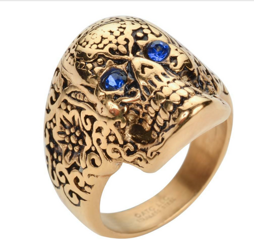 Heavy Metal Jewelry Ladies Blue Eyed Tribal Tattoo Skull Ring Stainless Steel Gold Edition SR115