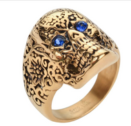 Tribal Skull Ring with Blue Crystal Eyes Ladies Gold-Tone Stainless Steel Ring SR115