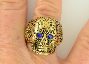 Heavy Metal Jewelry Ladies Blue Eyed Tribal Tattoo Skull Ring Stainless Steel Gold Edition