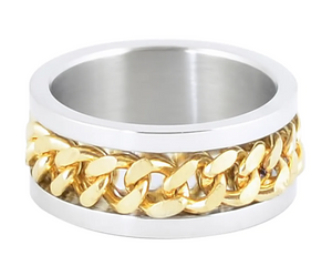 Heavy Metal Jewelry Men's Cuban Link Spinner Stainless Steel Ring Gold Edition