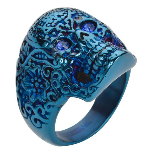 Heavy Metal Jewelry Ladies Blue Eyed Tribal Tattoo Skull Ring Stainless Steel Blue Anodized Edition