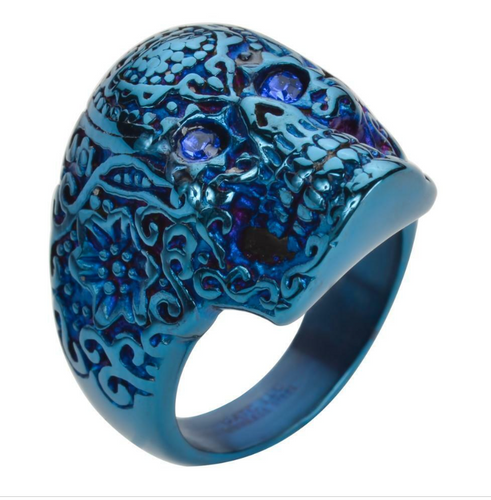 Heavy Metal Jewelry Ladies Blue Eyed Tribal Tattoo Skull Ring Stainless Steel Blue Anodized Edition SR118