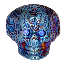 Load image into Gallery viewer, Heavy Metal Jewelry Ladies Blue Eyed Tribal Tattoo Skull Ring Stainless Steel Blue Anodized Edition SR118