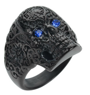 Black Tribal Tattoo Skull Ring Unisex Blue Crystal Eyes Stainless Steel SR120