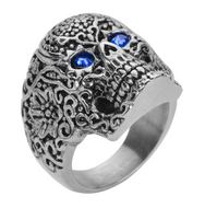 Silver Tribal Tattoo Skull Ring Unisex Blue Crystal Eyes Stainless Steel  SR121