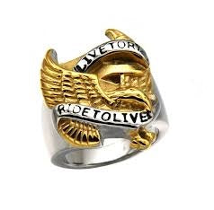 Live to Ride/Ride to Live Gold Eagle Stainless Steel Motorcycle Biker Ring