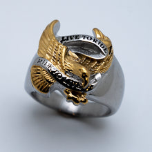 Load image into Gallery viewer, Live to Ride/Ride to Live Gold Eagle Stainless Steel Motorcycle Biker Ring