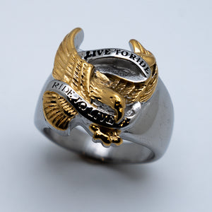 Live to Ride/Ride to Live Gold Eagle Stainless Steel Motorcycle Biker Ring