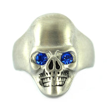 Load image into Gallery viewer, Heavy Metal Jewelry Men&#39;s Brushed Skull Ring Stainless Steel Blue Eyes