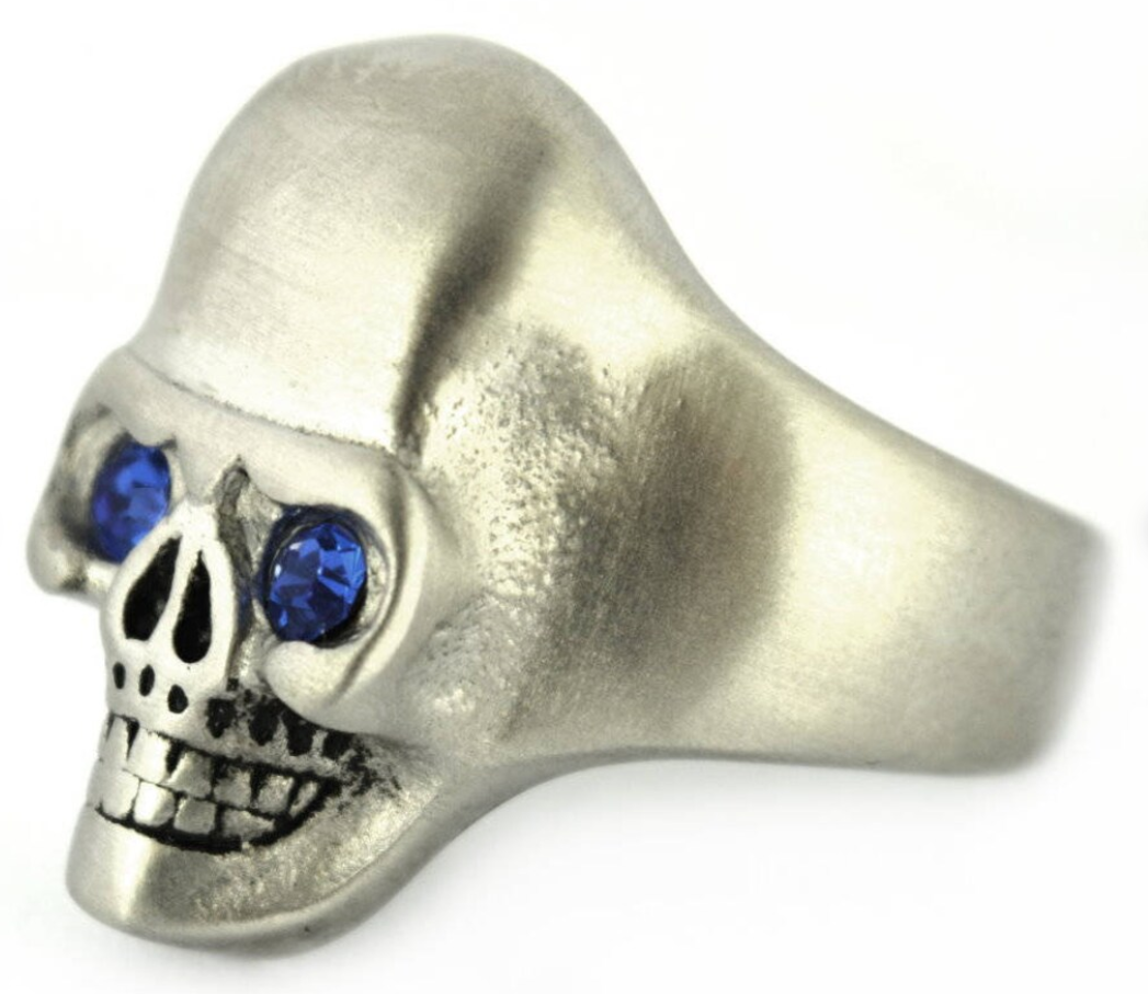 Heavy Metal Jewelry Men's Brushed Skull Ring Stainless Steel Blue Eyes