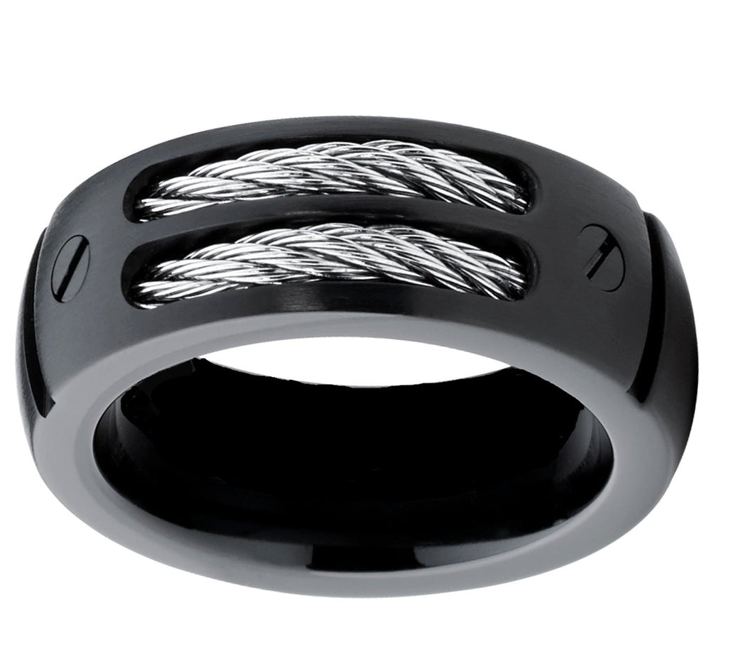 Unisex Stainless Steel Double Black Cable Wedding Band Ring