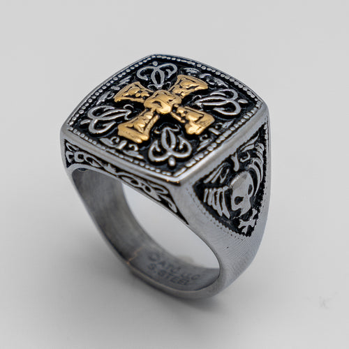 Heavy Metal Jewelry Men's Greek Cross Ring  Stainless Steel Gold Edition SR164