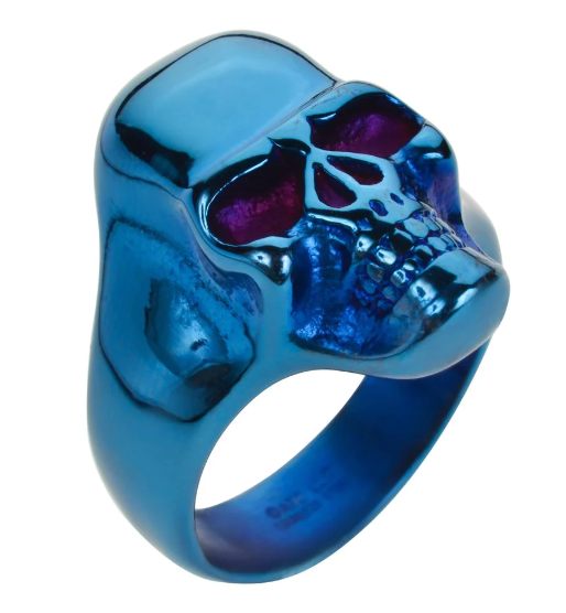 Heavy Metal Jewelry Men's Skull Ring Stainless Steel Blue Anodized Edition