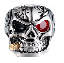 Load image into Gallery viewer, Stainless Steel Skull Biker Ring Red Eye and a Gold Bullet