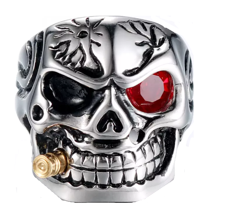 Stainless Steel Skull Biker Ring Red Eye and a Gold Bullet