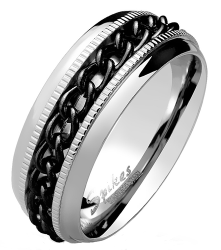 8mm Stainless Steel Spinner Wedding Band Black Cuban Link Chain SR174
