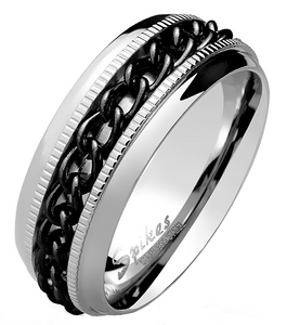 8mm Stainless Steel Spinner Wedding Band Black Cuban Link Chain
