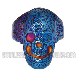 Heavy Metal Jewelry Men's Tattoos Gone Wild Skull Ring Stainless Steel Blue Anodized Edition
