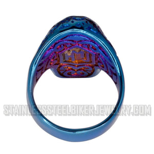 Heavy Metal Jewelry Men's Tattoos Gone Wild Skull Ring Stainless Steel Blue Anodized Edition