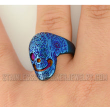 Load image into Gallery viewer, Heavy Metal Jewelry Men&#39;s Tattoos Gone Wild Skull Ring Stainless Steel Blue Anodized Edition