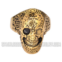 Load image into Gallery viewer, Heavy Metal Jewelry Men&#39;s Tattoos Gone Wild Skull Ring Stainless Steel Gold Edition