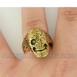 Heavy Metal Jewelry Men's Tattoos Gone Wild Skull Ring Stainless Steel Gold Edition