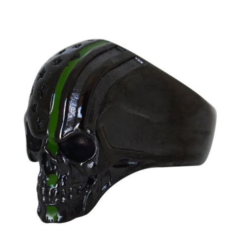 Heavy Metal Jewelry Black Skull Ring Green Stripe Stainless Steel Military