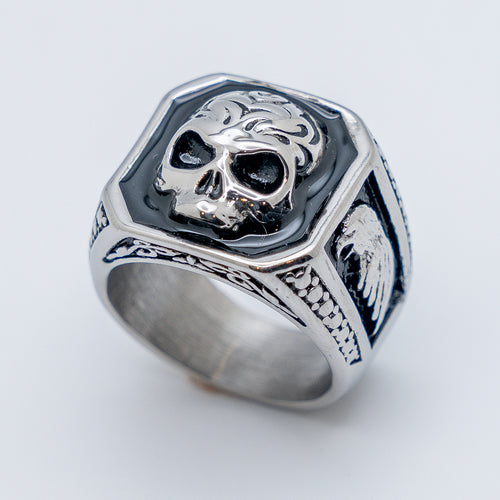 Men's Stainless Steel Square Skull Ring with Eagle