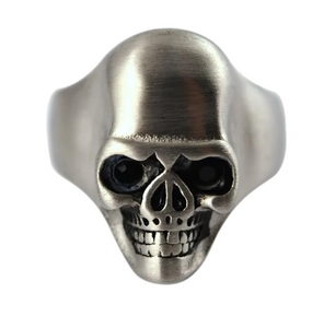 Stainless Steel Industrial Brushed Skull Ring / Black Eyes