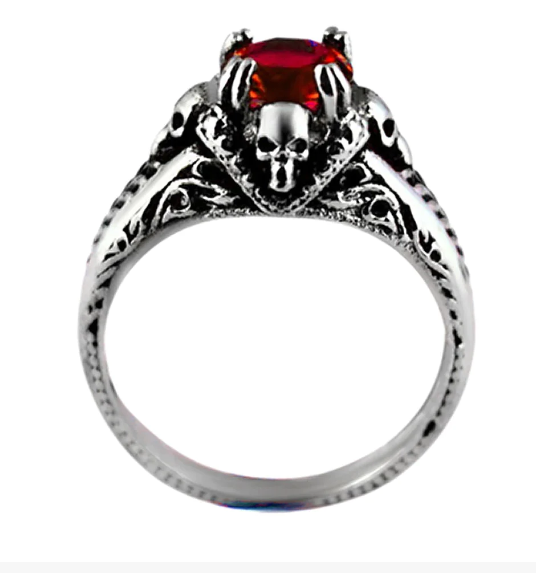Heavy Metal Jewelry Ladies Red Solitaire Skull Ring Stainless Steel
