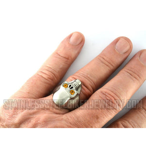 Heavy Metal Jewelry Men's Brushed Skull Ring Stainless Steel Yellow Eyes