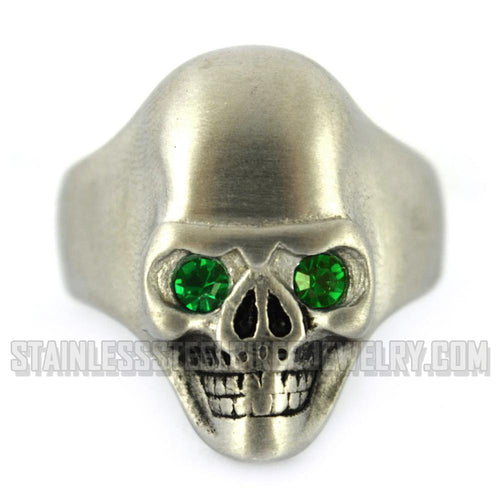 Heavy Metal Jewelry Men's Brushed Skull Ring Stainless Steel Green Eyes