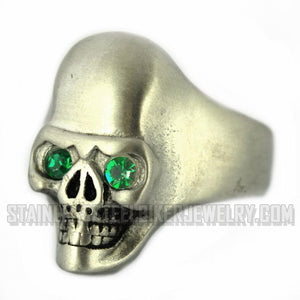 Heavy Metal Jewelry Men's Brushed Skull Ring Stainless Steel Green Eyes