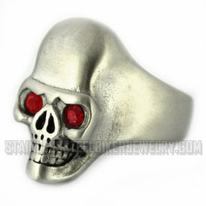 Biker Jewelry Men's Brushed Skull Ring Stainless Steel Red Eyes